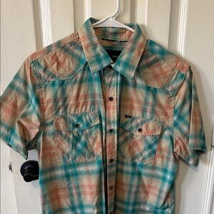 Hurley Men's Casual Plaid Shirt in Teal and Beige